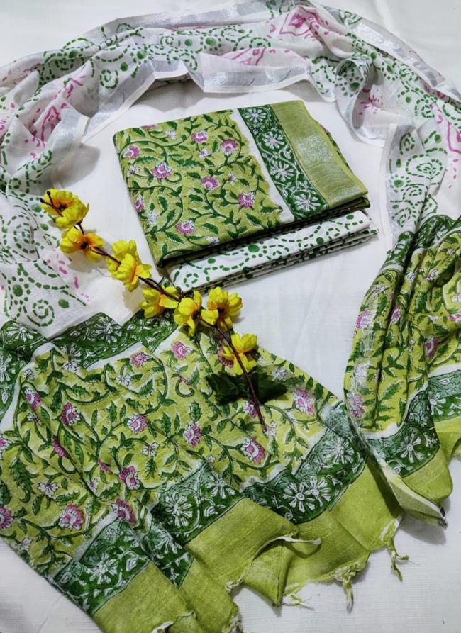 Linen Cotton Green Festival Wear Printed Dress Material